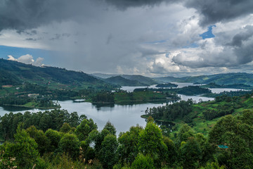 Panoramic view from Bunyonyi lake in Uganda