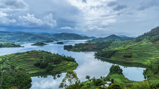Panoramic view from Bunyonyi lake in Uganda