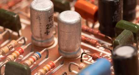 Radio components on a printed circuit board. Photo Close-up