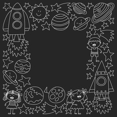 Vector set of space elements icons in doodle style. Painted, black monochrome, chalk pictures on a blackboard.