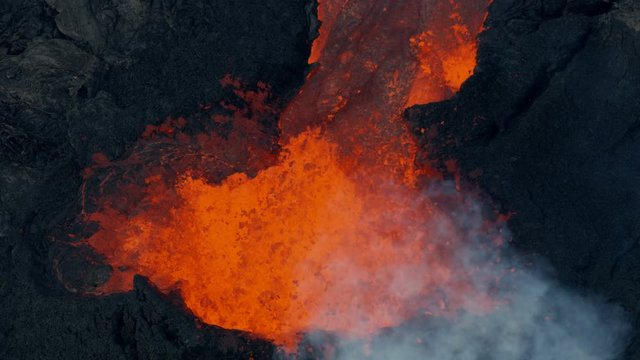 Aerial view pond volcanic magma destroying landscape Kilauea