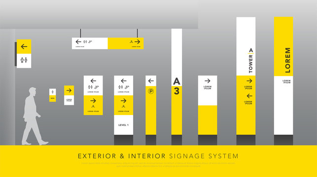 exterior and interior signage system. direction, pole, wall mount signboard and traffic signage design template set. empty space for logo, text, white and yellow corporate identity