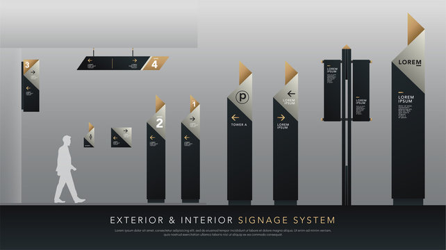 exterior and interior signage system. direction, pole, wall mount signboard and traffic signage design template set. empty space for logo, text, white, silver and gold corporate identity