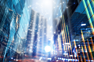 Fototapeta premium Wireless technologies and business city. Mixed media
