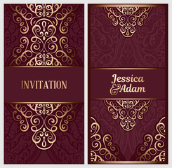 Wedding invitation card with gold shiny eastern and baroque rich foliage. Ornate islamic background for your design. Islam, Arabic, Indian, Dubai.