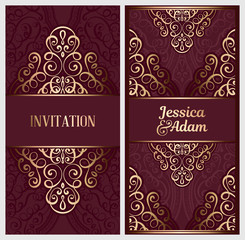 Wedding invitation card with gold shiny eastern and baroque rich foliage. Ornate islamic background for your design. Islam, Arabic, Indian, Dubai.