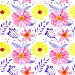 Schilderijen op glas pretty flower watercolor seamless pattern © Asrulaqroni