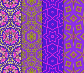 Set of Lace Floral Ornament. Seamless Design For Prints, Textile, Decor, Fabric. Vector Pattern. Blue, purple, orange color