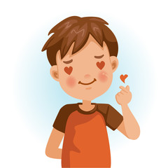 Boy is doing a small heart-shaped hand gesture that shows love feelings. Children in red shirt with red love with shyness, heart-shaped eyes, character, meaning love, easy and to the point. vector.