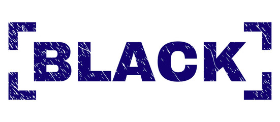 BLACK text seal print with grunge style. Text label is placed inside corners. Blue vector rubber print of BLACK with dust texture.