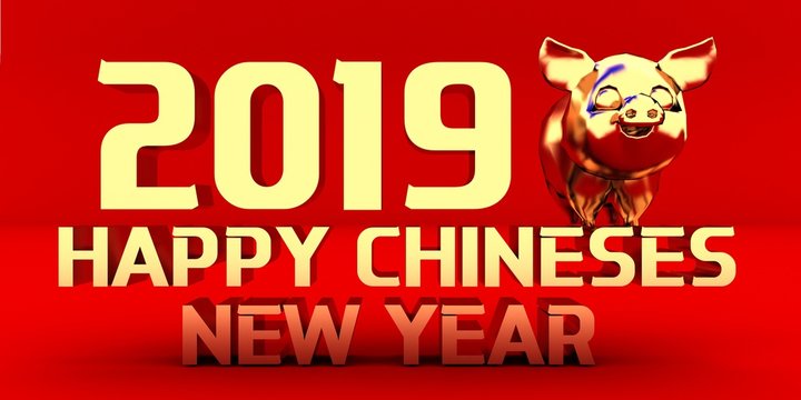 Happy chinese new year 2019 with golden pig zodiac sign. 3d rendering