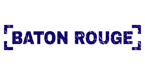 BATON ROUGE text seal print with distress texture. Text caption is placed inside corners. Blue vector rubber print of BATON ROUGE with retro texture.