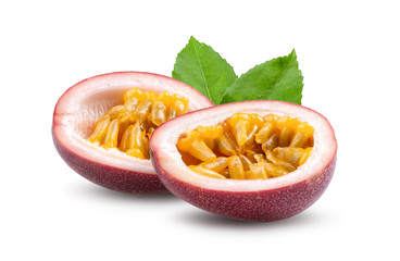half passion fruit with leaf isolated on the white background