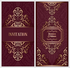 Wedding invitation card with gold shiny eastern and baroque rich foliage. Ornate islamic background for your design. Islam, Arabic, Indian, Dubai.