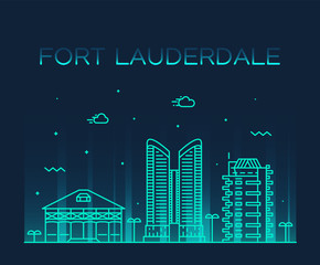 Fort Lauderdale skyline Florida USA vector linear - obrazy, fototapety, plakaty