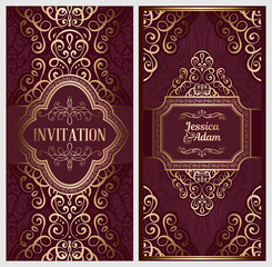 Wedding invitation card with gold shiny eastern and baroque rich foliage. Ornate islamic background for your design. Islam, Arabic, Indian, Dubai.