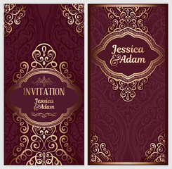 Wedding invitation card with gold shiny eastern and baroque rich foliage. Ornate islamic background for your design. Islam, Arabic, Indian, Dubai.