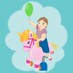 little kid on a toy unicorn with a balloon in flat style