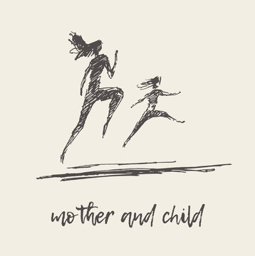 Mother child running silhouette draw vector sketch