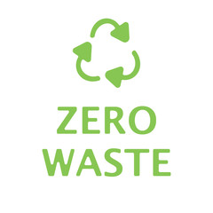 Zero waste text with green recycling sign isolated on white background. Zero landfill concept illustration flat style