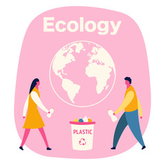 People sorting garbage trying to reach zero waste. Technology of ecological waste free journey focusing on landfill trash. Renewable resource concept. Vector illustration on ultraviolet background