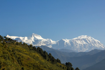 Fototapeta premium green slope of a hill with houses on the background of the snowy mountain ridge of Annapurna under a clear blue sky