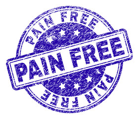 PAIN FREE stamp seal imprint with grunge texture. Designed with rounded rectangles and circles. Blue vector rubber print of PAIN FREE tag with corroded texture.