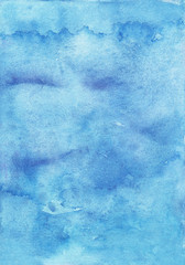 Blue watercolor background. Airy blue color trend. Sky blue aquarelle stains on paper. Watercolour abstract backdrop. Aquarelle vintage wallpaper. Calm artwork. Watery background. Backdrop for card.