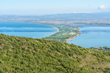 View of Tombolo della Giannella in lagoon Orbetello on peninsula Argentario. Italy