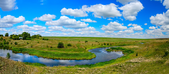 Fototapeta na wymiar Sunny summer panorama with river curve.