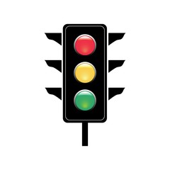 Stoplight sign. Icon traffic light on white background. Symbol regulate movement safety and warning. Electricity semaphore regulate transportation on crossroads urban road. Flat vector illustration