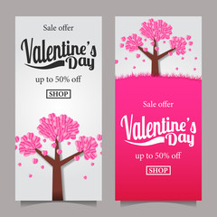 valentine's sale offer banner template. paper cut style craft. tre of love hearth shape. poster flyer card. vector illustration