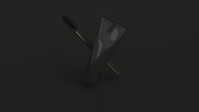 Blank black tube of toothpaste and toothbrush