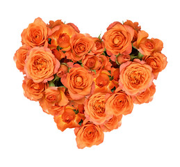 Orange rose flowers in a heart shape arrangement