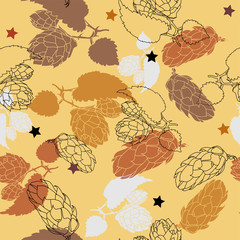 Hand drawn Hops Seamless pattern. Common hop or Humulus lupulus branch with leaves and cones. Vector Illustration.