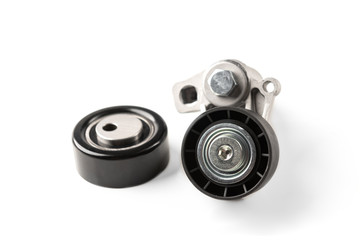 Automobile roller timing system engine isolated on white background.