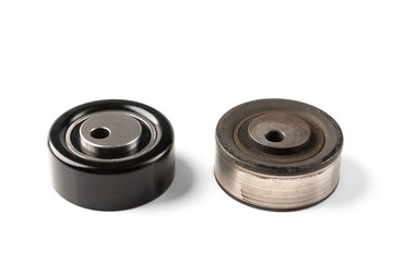 Automobile roller timing system engine isolated on white background.