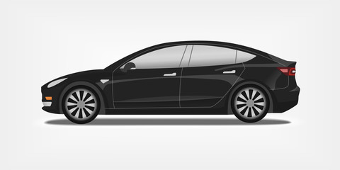 Obraz na płótnie Canvas Flat vector illustration of a black electric car. Sport electro sedan concept.