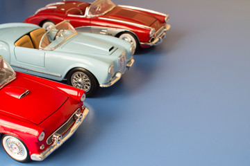Collection scale models of retro cars. Classic cars. Rarity toy cabriolets.