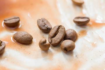 Coffee beans closeup. Sprinkled coffee
