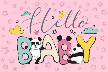 Born cool greeting card design with cute panda bear and quote 