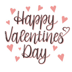 Happy Valentines Day lettering isolated on white background with pink hearts. Valentine's Day Card. Vector illustration.