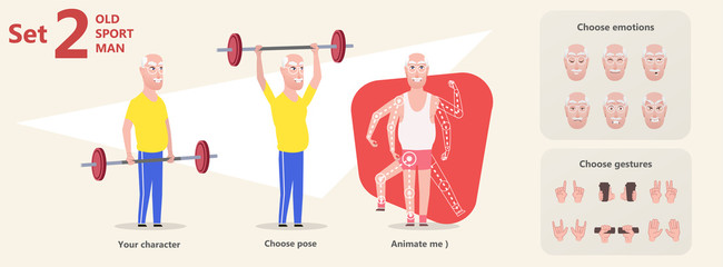 Happy grandpa old man character doing exercise workout with dumbbell. Active healthy lifestyle retirement cartoon. Set of isolated body parts for choosing posture, character emotions and hand gestures