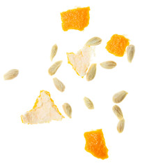 Seeds and peel in tangerines on a white background