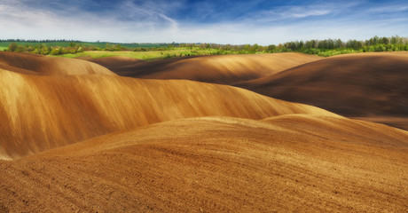 Fototapeta na wymiar hilly field. picturesque waves of a dirt field. hilly valley