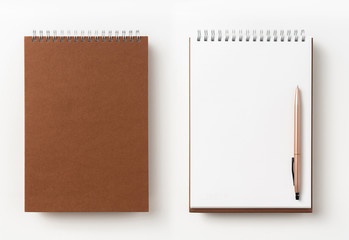 Fototapeta premium Top view of brown spiral notebook, page, pencil
