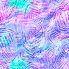 Seamless watercolor pattern, background. Palm leaf background, postcard. pink, purple tropical palm leaf. Illustration for design wedding invitations, greeting cards, wallpaper, paper, textile.