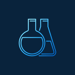 Laboratory glassware blue line icon. Vector Round-bottom and Conical flask concept symbol on dark background