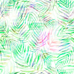 Fototapeta na wymiar Seamless watercolor background from green tropical leaves, palm leaf, floral pattern. Bright Rapport for Paper, Textile, Wallpaper, design. Tropical leaves watercolor. Exotic tropical palm tree