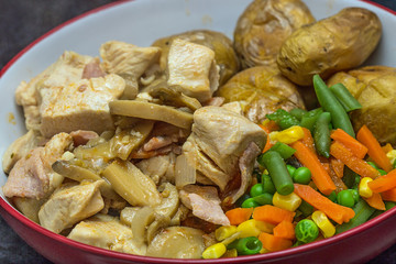 Close up of chicken dinner with vegetables
